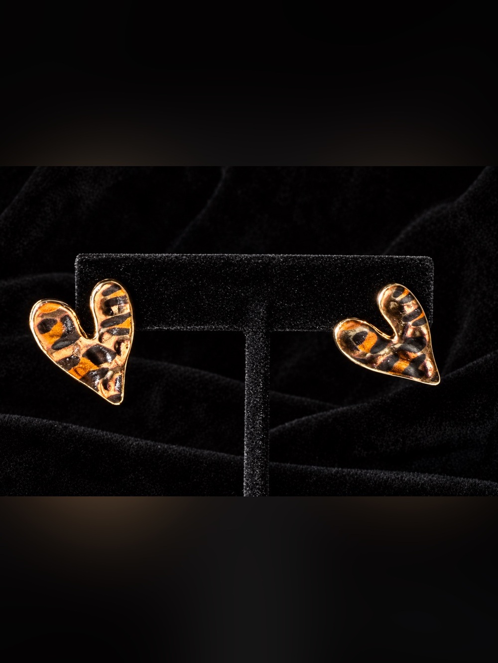 Gold-Tone Hammered Metal Leopard Heart Stud Earrings